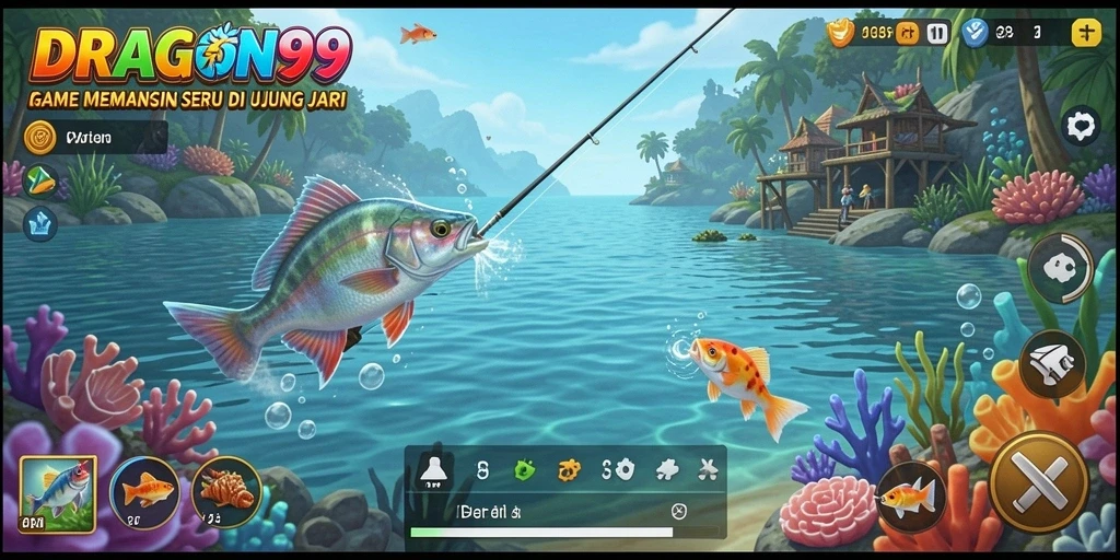 Tampilan seru memancing di permainan DRAGON99 dengan berbagai ikan.