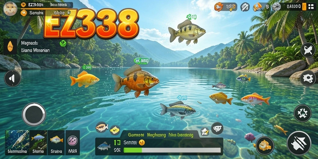Screenshot gameplay EZ338 menunjukkan aksi memancing yang mendebarkan.