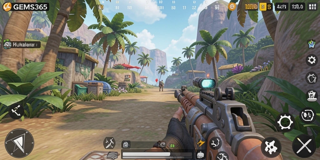 Screenshot gameplay GEMS365 menampilkan aksi seru dalam pertarungan TPS.