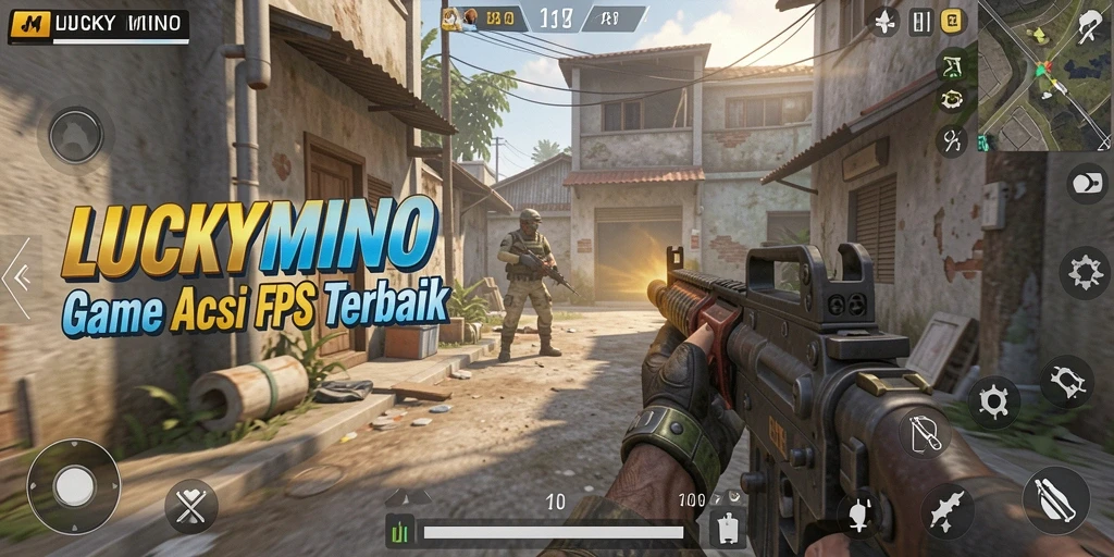 Screenshot LUCKYMINO menampilkan aksi tembak-menembak yang intens dan grafis memukau.