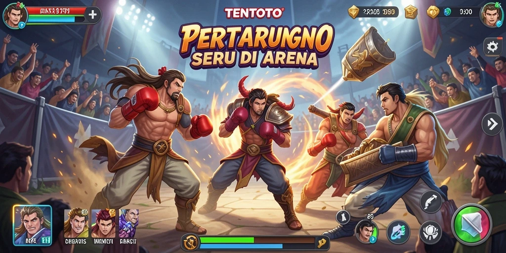 Tangkapan layar menunjukkan karakter bertarung di arena yang mendebarkan.